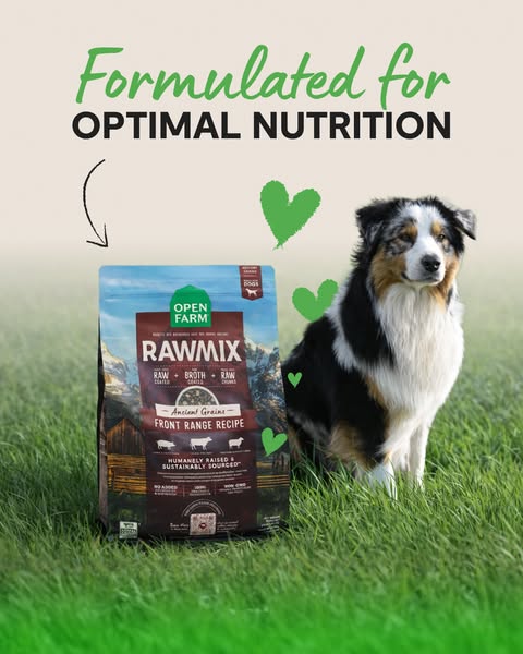 This ad promotes Open Farm's RAWMIX dog food, highlighting its nutritional benefits and high-quality ingredients. Th