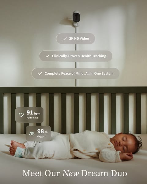 This image ad showcases a baby monitoring system, highlighting its 2K HD video and clinically-proven health tracking fea