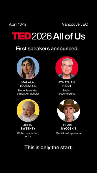 The ad announces the first speakers for TED 2026 All of Us conference.