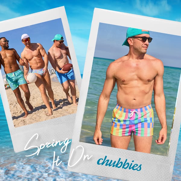 This Chubbies ad features two images of men on the beach wearing Chubbies brand swimwear. It uses a retro 'Polaroid&