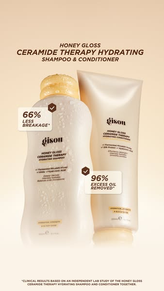 This ad showcases Gisou's Honey Gloss Ceramide Therapy Hydrating Shampoo and Conditioner. It highlights the products