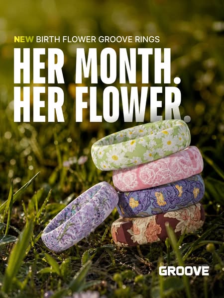 This image ad showcases Groove Life rings with a focus on the birth flower collection. It highlights the aesthetic appea