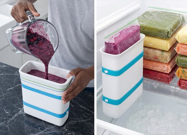 This ad shows a container that can be used to freeze smoothies and other liquids in a freezer. The container is designed