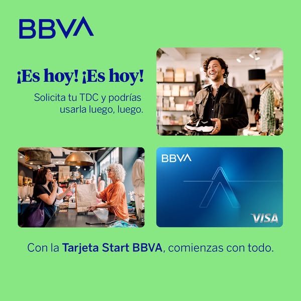 This image ad for BBVA promotes the Start BBVA credit card. It features a grid layout with lifestyle images of people sh
