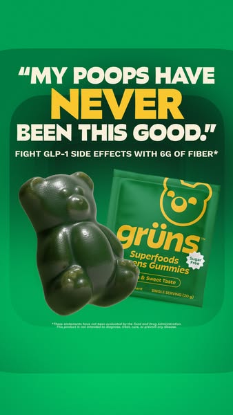 This ad features a testimonial about the positive effects of grüns Superfoods + Greens Gummies on bowel movements, speci