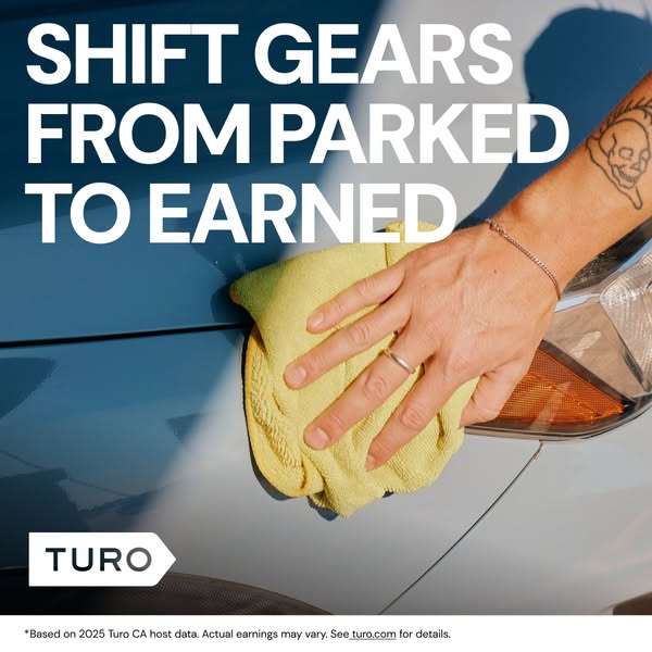 This image ad for Turo features a hand wiping the hood of a light blue car with a yellow cloth. The ad promotes the idea