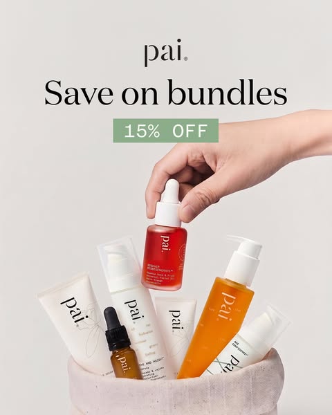 This ad features various Pai Skincare products bundled together, with an offer for 15% off.