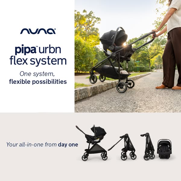 This image ad showcases the Nuna Pipa Urbn flex system, emphasizing its all-in-one functionality and flexible possibilit