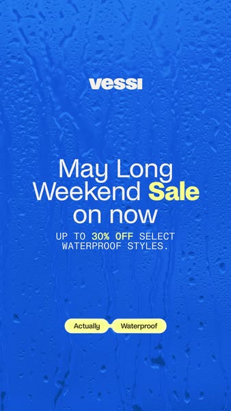 This ad promotes Vessi brand shoes with a sale of up to 30% off select waterproof styles for the May Long Weekend.