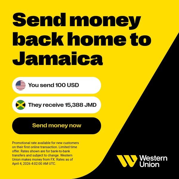 An ad for Western Union that highlights the ease of sending money to Jamaica. It shows a clear exchange rate and a butto