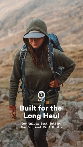 This image ad showcases PAKA's Original Hoodie as a unisex best seller, ideal for outdoor activities and long-lastin