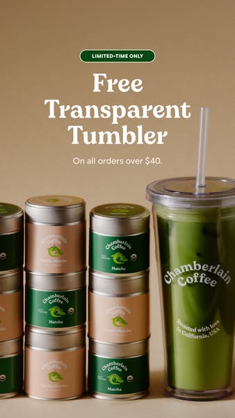 This image ad promotes Chamberlain Coffee, offering a free transparent tumbler with orders over $40. The ad features sta