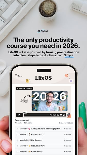 This ad promotes the LifeOS productivity course by Ali Abdaal, highlighting its ability to transform procrastination int