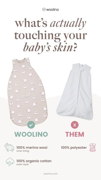 This ad compares Woolino baby sleep sacks made with merino wool and organic cotton to competitors' sacks made with p