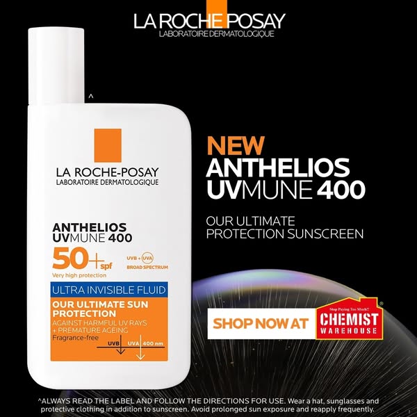 An image ad for La Roche-Posay Anthelios UVMUNE 400 sunscreen. It showcases the product bottle with key features highlig
