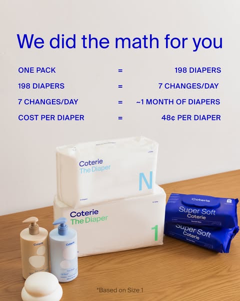 This image ad highlights the features of Coterie diapers, using a math equation to present a cost analysis.