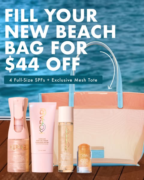 This ad features a collection of Kopari suncare products with a discount on a beach bag bundle. The ad aims to entice cu
