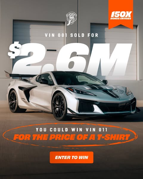 This ad promotes a sweepstakes where you can win a VIN 011 car for the price of a t-shirt.