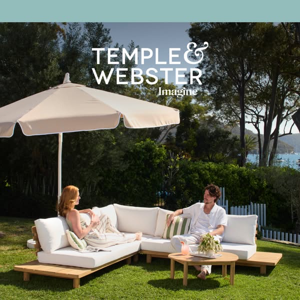 This image ad showcases Temple & Webster's outdoor furniture, specifically a modular sofa set, inviting viewers 