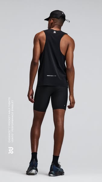 This ad features a person wearing activewear apparel by the brand Rylo, including half tights, a tank top, a hat, and ru