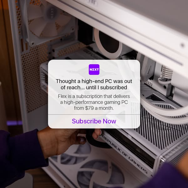 The ad features a testimonial about the NZXT Flex subscription service, which delivers high-performance gaming PCs start