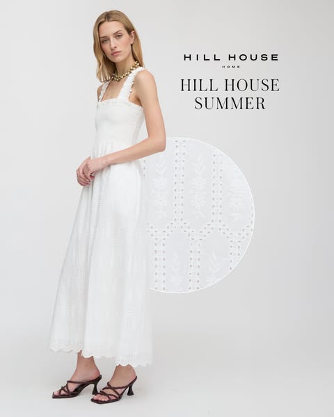 This image ad for Hill House Home showcases a white eyelet dress worn by a fair-skinned model, complemented by a close-u