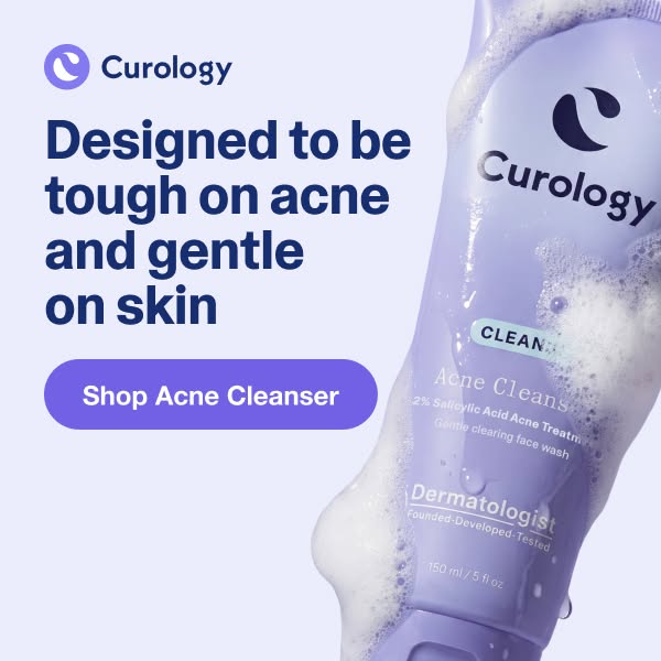 This image ad by Curology promotes their acne cleanser, highlighting its effectiveness against acne while being gentle o