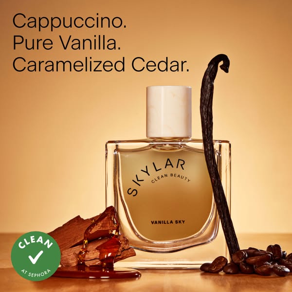 This is a perfume ad that contains the product, ingredients, and brand in the same shot.
