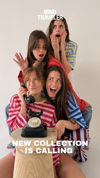 This ad features a group of women wearing a striped T-shirt collection from Mind Traveler. They are stacked on top of ea
