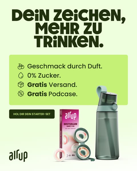 This ad for air up features a water bottle, flavor pods, and a starter set. The ad promotes flavoring your water through