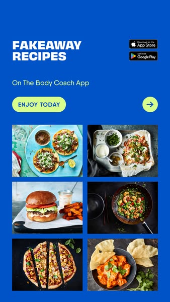 This ad for The Body Coach app features a grid of images of different meals that can be made using the app. The ad encou