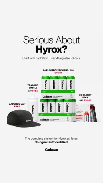 This image ad promotes Cadence hydration products and accessories to Hyrox athletes. It features the product line stacke