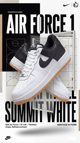 This ad highlights the Nike Air Force 1 '07 LV8 sneaker, emphasizing its timeless design, refined contrast, and heri