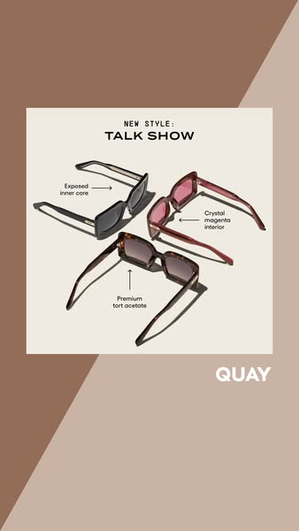 This ad features a product showcase with three pairs of glasses. The features of the glasses are called out with arrows.