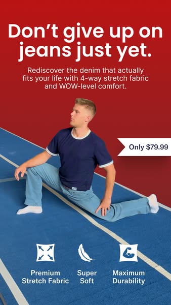 This ad is for denim jeans that are both comfortable and durable. It features a person doing a split to demonstrate flex