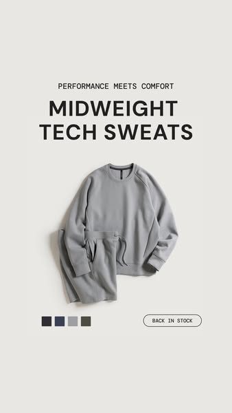 This ad promotes lightweight sweat suits. The ad features a folded gray sweatshirt and sweatpants set, along with text h