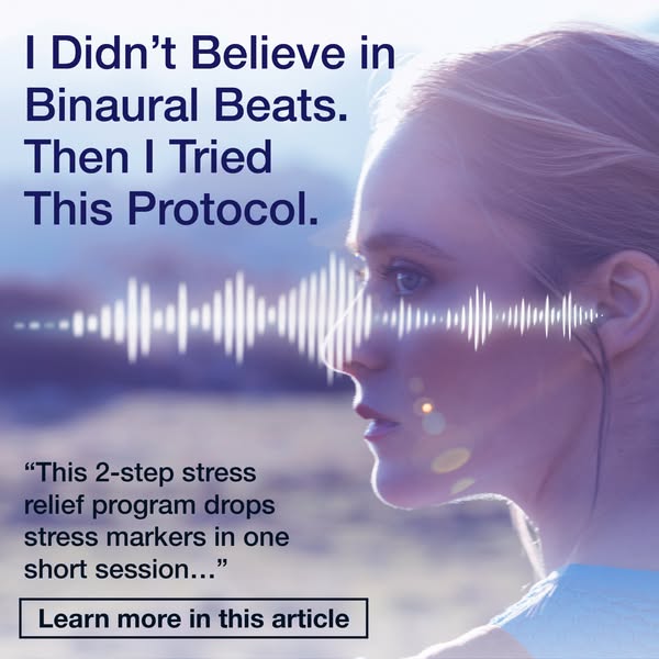 This ad promotes a binaural beats protocol for stress relief. It features a woman in profile with an overlay of sound wa
