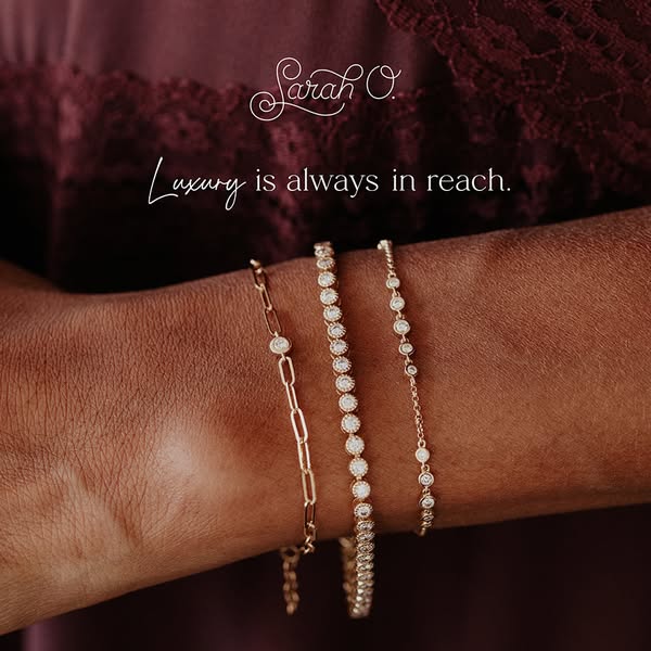 This ad features an image showcasing three Sarah O. bracelets worn on a wrist against a dark maroon background with the 