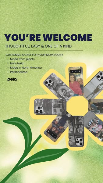 This image ad for Pela phone cases features a floral design, with the petals each displaying a personalized phone case. 
