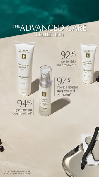 This ad showcases three products from the Eminence Organic Skincare Advanced Care Collection. Each product is highlighte