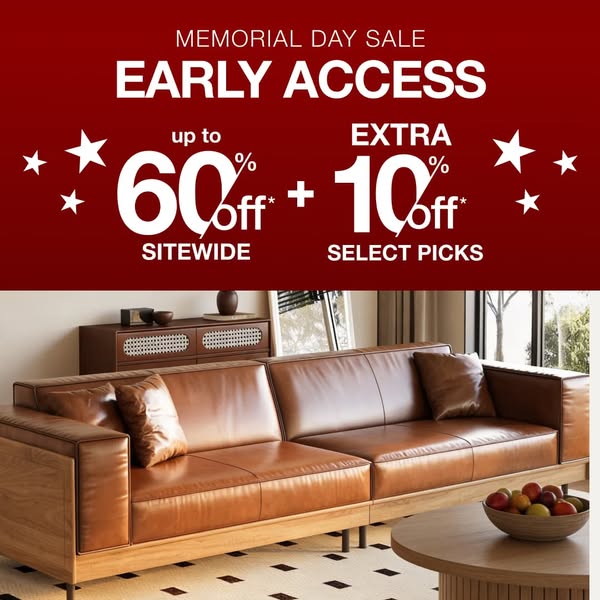 This ad promotes a Memorial Day sale with early access to discounts of up to 60% off sitewide and an extra 10% off on se