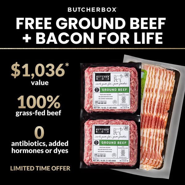 This image ad for ButcherBox promotes an offer for free ground beef and bacon for life. The ad includes two packages of 