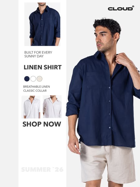 This ad is for CLOUD linen shirts. The ad emphasizes the shirt's suitability for sunny days, its breathable linen fa