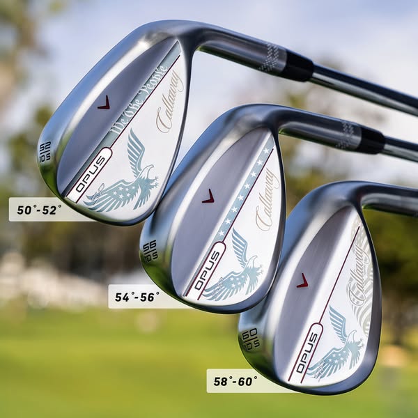 This ad showcases three distinct golf clubs with unique patriotic designs. The focal point of the advertisement is to hi