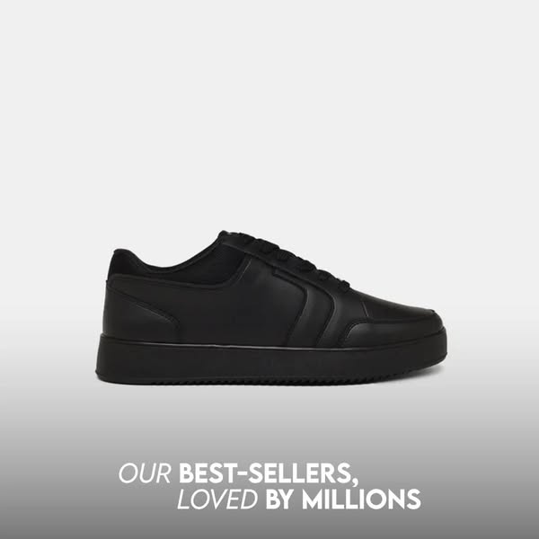 This image ad features a single black sneaker against a simple gray background. The ad highlights the shoe's popular