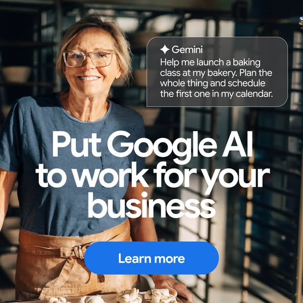 A testimonial ad featuring Google AI showing how it can help a small bakery business.
