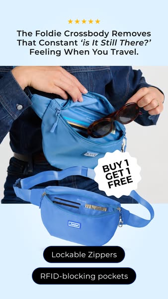This ad is for the Foldie Crossbody bag that removes the constant 'is It Still There?' feeling when you travel. 