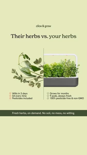 This ad is comparing traditional herbs to herbs grown using Click & Grow, highlighting the convenience and benefits 