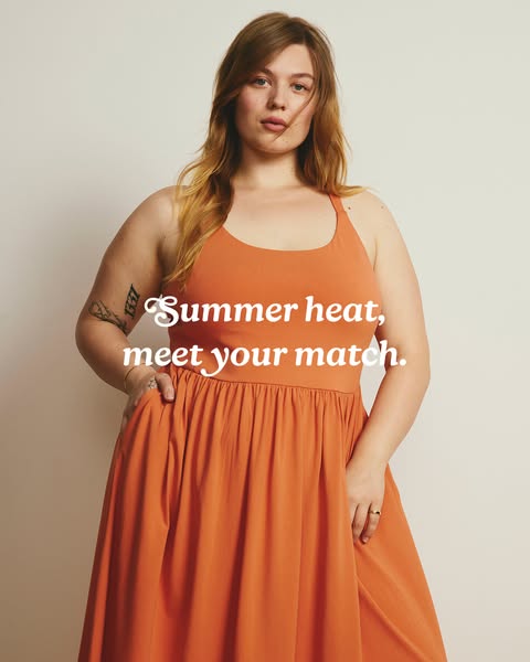 The ad features a woman in an orange dress with the headline "Summer heat, meet your match."