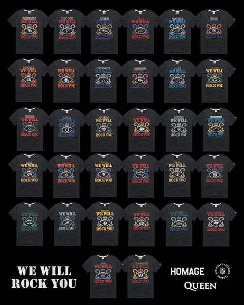 This ad features multiple T-shirts in a grid layout that each promote a NFL team and reference the song "We Will Ro